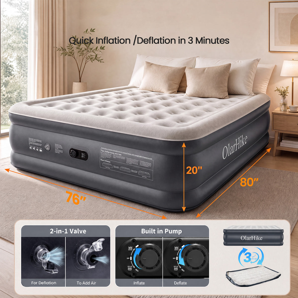OlarHike 20" H King Air Mattress with Built in Pump,Inflatable Bed, 850lb-zoom-4