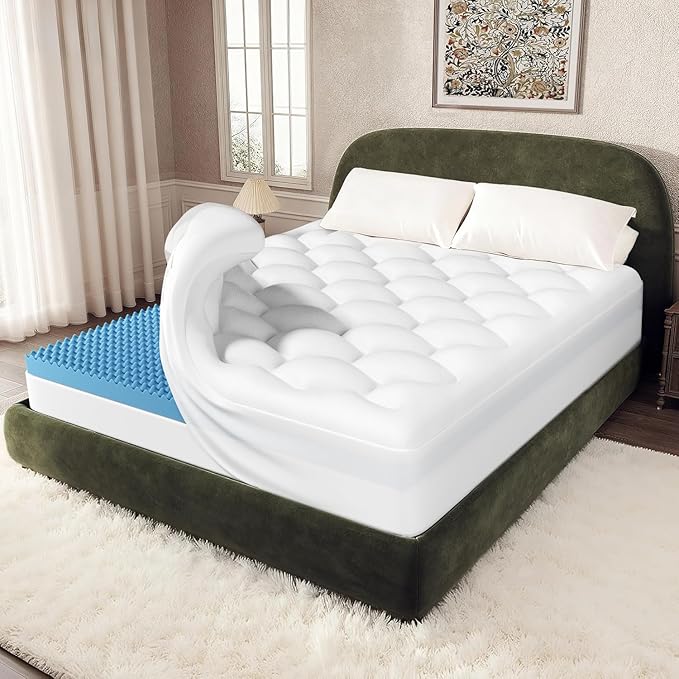 OhGeni Cooling 5 lnch Queen Size Dual Layer Mattress Topper, 3 Inch Gel Memory Foam, 2 Inch Soft Pillow Top Pad, Guest Bedroom Essentials Mattresses Cover, Extra Comfortable Sleep and Back Pain Relief - aborderproducts