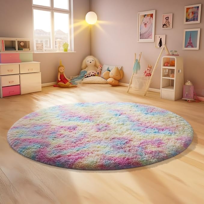 Ophanie Rainbow Rug for Bedroom Girls, Unicorn Colorful Fluffy Soft Cute Fuzzy Area Rugs, Shag Plush Shaggy Bedside Floor 4x4 Round Furry Carpet for Kids Baby Teen Dorm Nursery Home Decor Aesthetic - aborderproducts