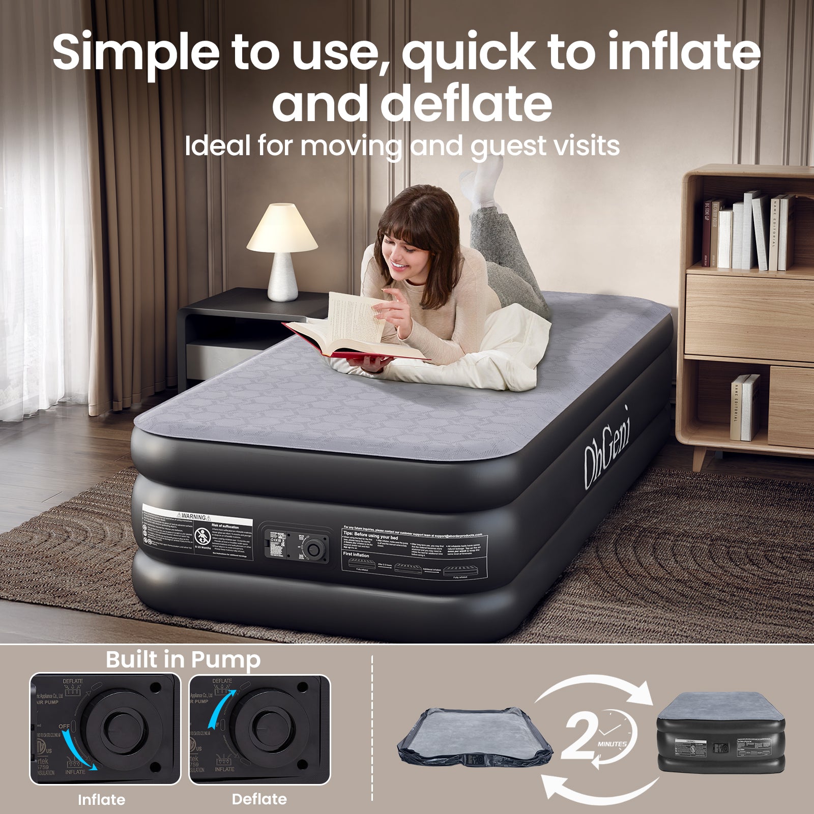 OhGeni | Air Mattress with Silk Foam Topper | Twin | 18"  | Black
