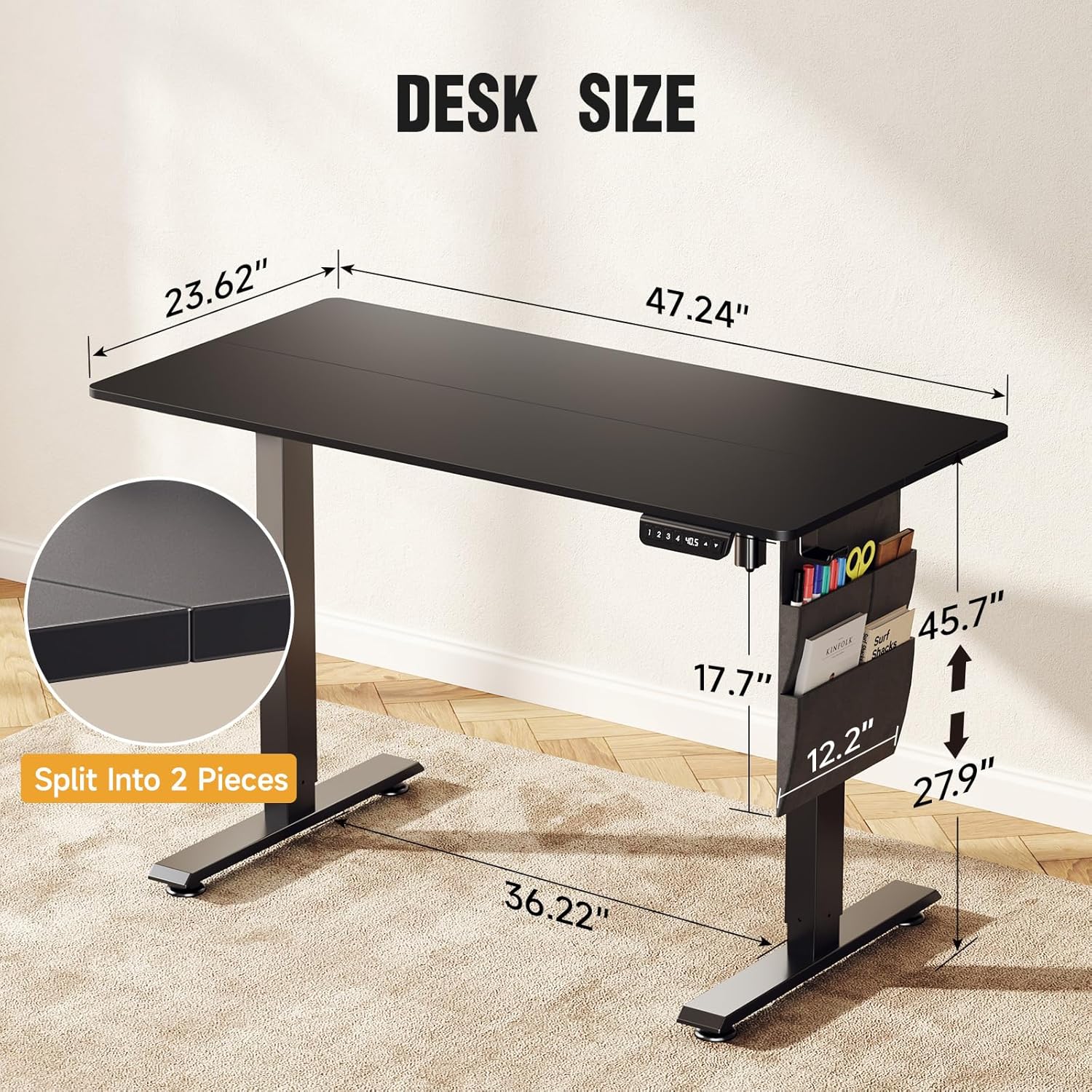 Veken | Standing Desk with Side Storage Pocket | 47.2 Inch | Black