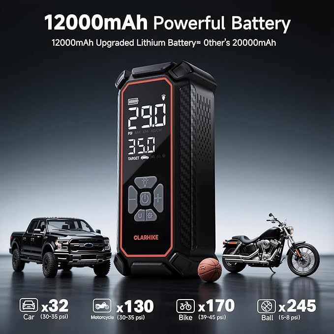 OlarHike Powerful Tire Inflator Portable Air Compressor, Ultra-Fast Inflation & Long-Lasting Battery, Cordless Air Pump for Pickup, SUV & Car Tires, Electric Pump with Digital Pressure Gauge/LED Light - aborderproducts