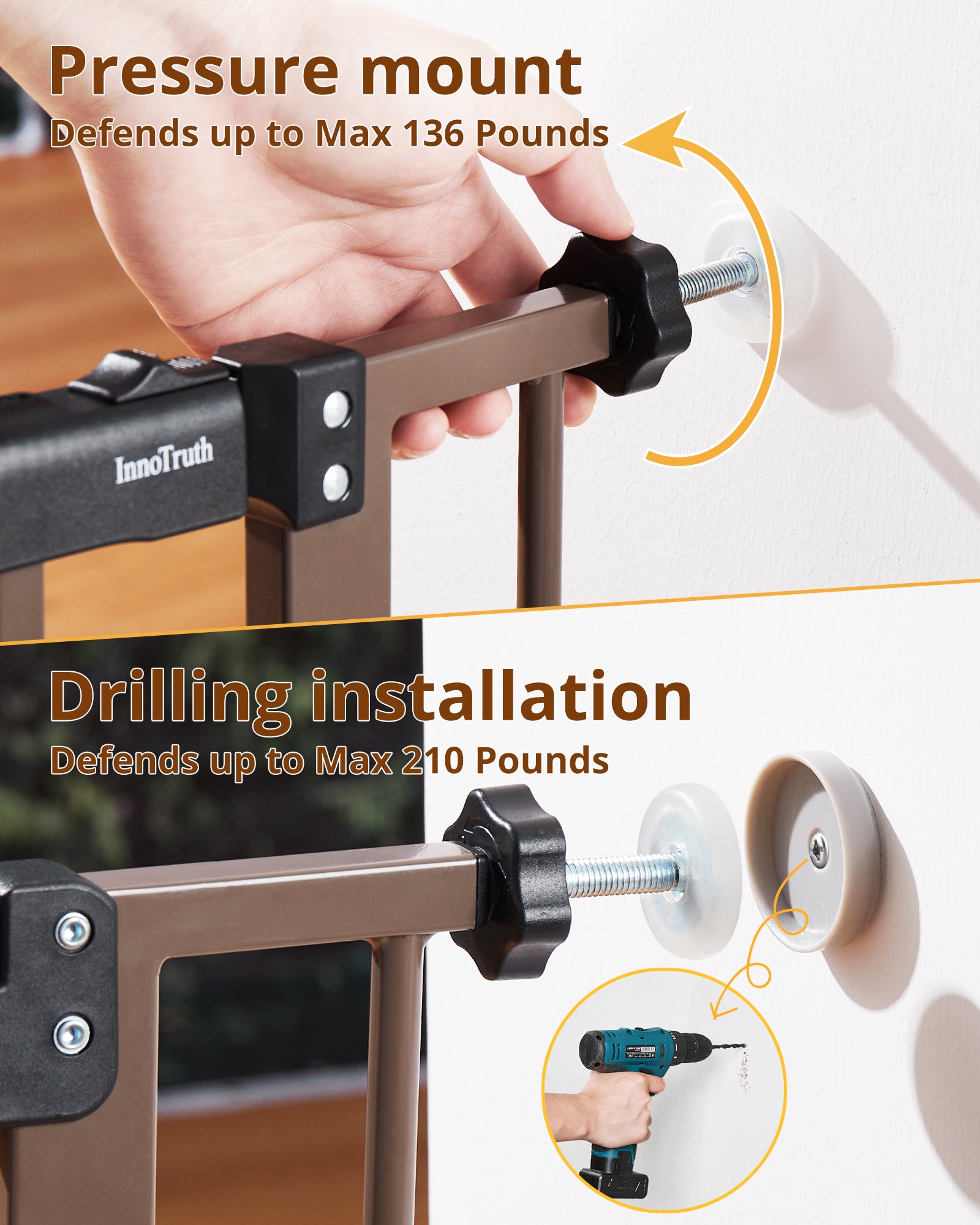 Baby Gate Extra Tall | 28.9” to 42.1” | Brown | InnoTruth - aborderproducts