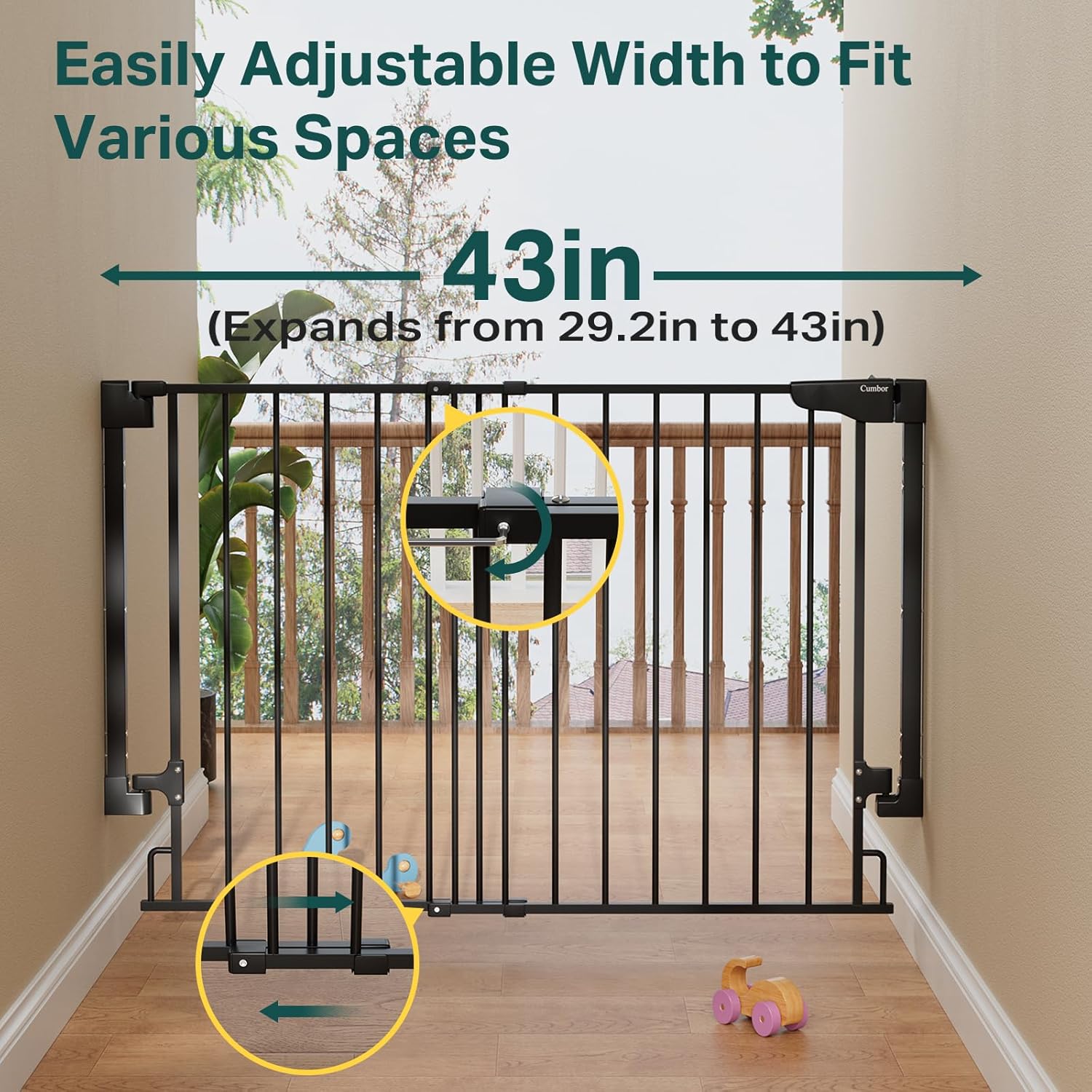 FURTIME 29-43.3\" Sliding Baby/Dog Gate, No Bottom Bar Baby Gate For Doorways, Extra-Wide Walk Thru Door With Bottom Rubber Wheels, Hardware Mounted, Black