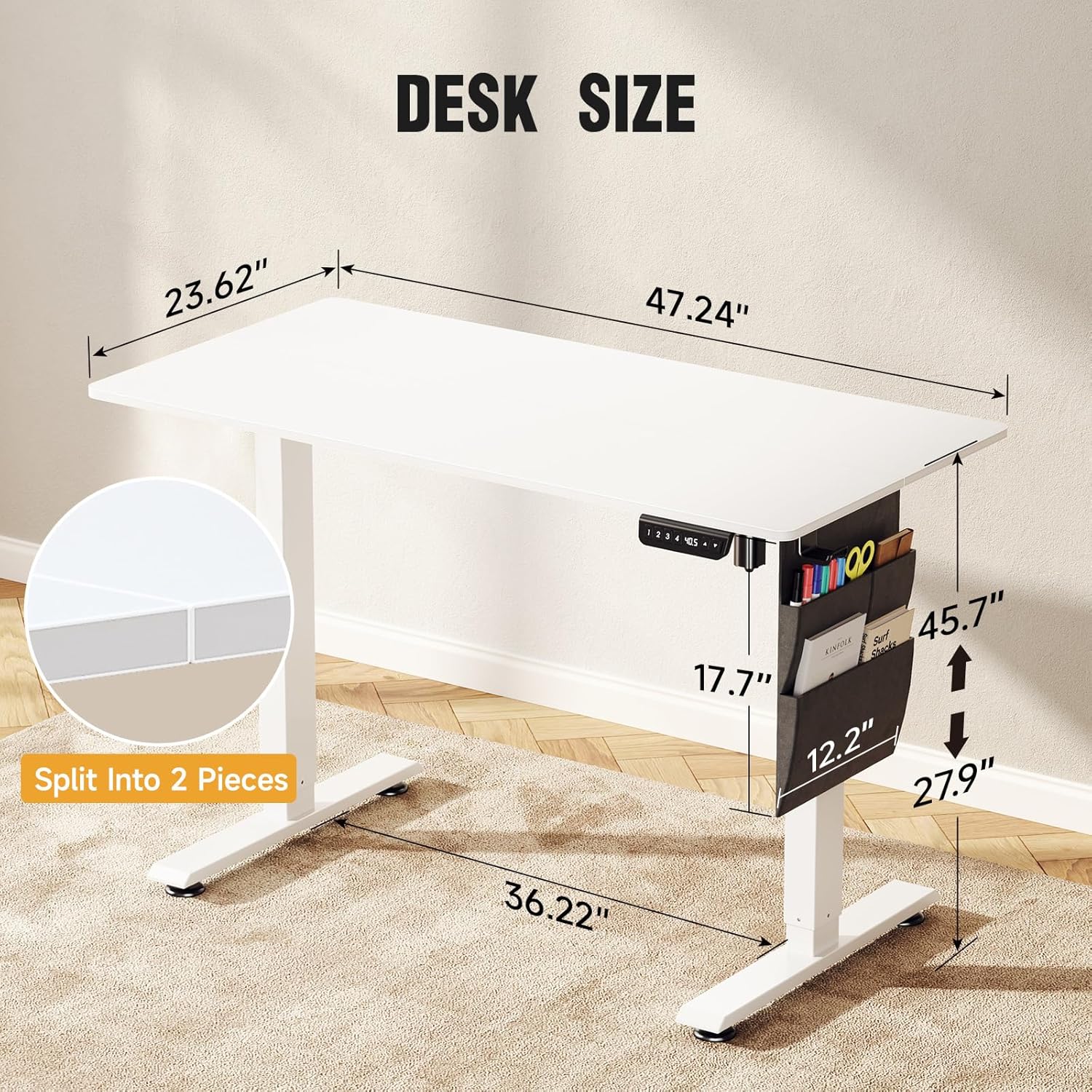 Veken | Standing Desk with Side Storage Pocket | 47.2 Inch | White