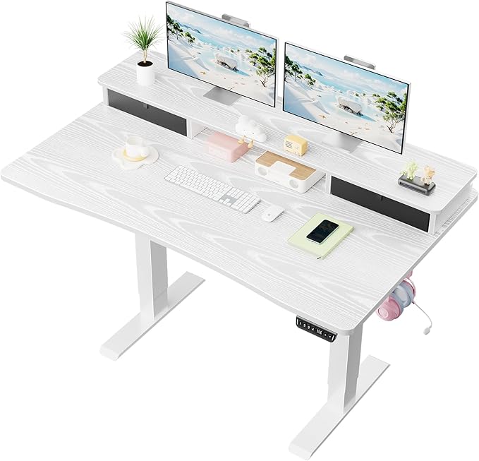 Veken 47.2 Inch Home Office Standing Desk with Monitor Riser, Adjustable Computer Desk with Drawers, Ergonomic Desk for Work, Study, Gaming, Crafting, White - aborderproducts