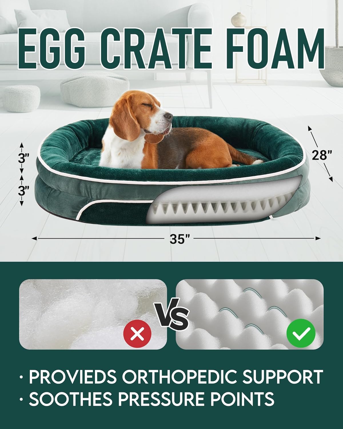 OhGeni | Orthopedic Dog Bed | Large (35 x 28 x 6 Inch) | Dark Green - aborderproducts