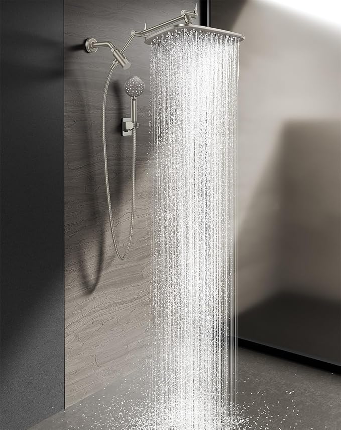 Wide Rain Shower Head with Handheld, High Pressure Handheld Shower Heads with Multi Spray Modes, Rainfall Combo with 15" Metal Extension Arm,Detachable Dual Shower,Extra Long 6 ft. Hose,Brushed Nickel-zoom-