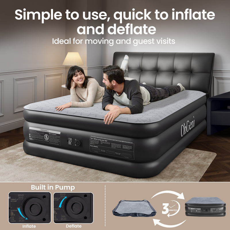 OhGeni |  Air Mattress with Silk Foam Topper  |  Queen | 18" | Black-zoom-