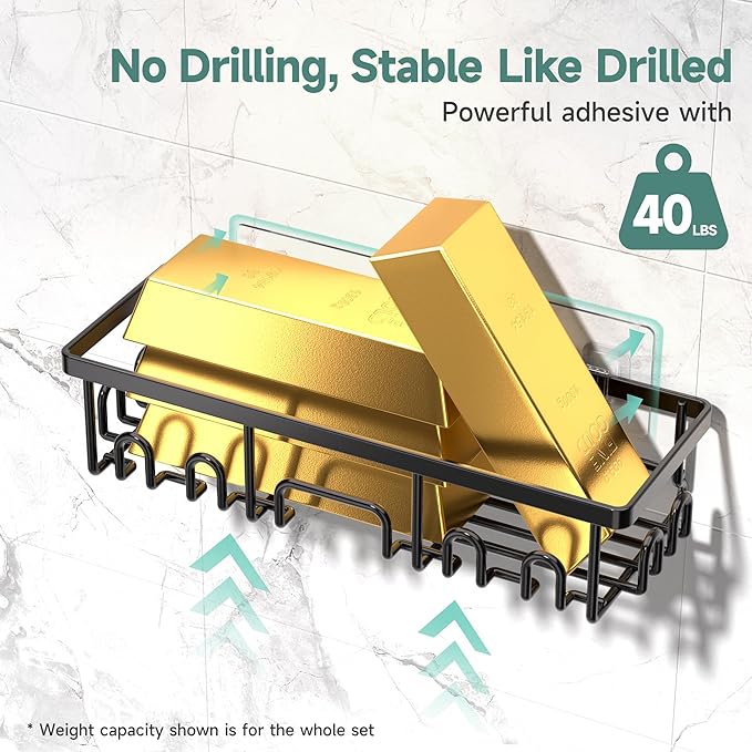 Veken Rustproof & Waterproof Shower Caddy 3-Pack, No Drilling Adhesive Shelves Rack with Soap Holder, Large Capacity Bathroom Organizers and Storage, Wall-Mounted Kitchen & Home Decor, Black - aborderproducts