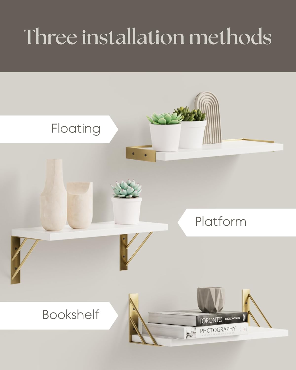 BAYKA | Floating Shelves | Set of 3 | White and Gold - aborderproducts