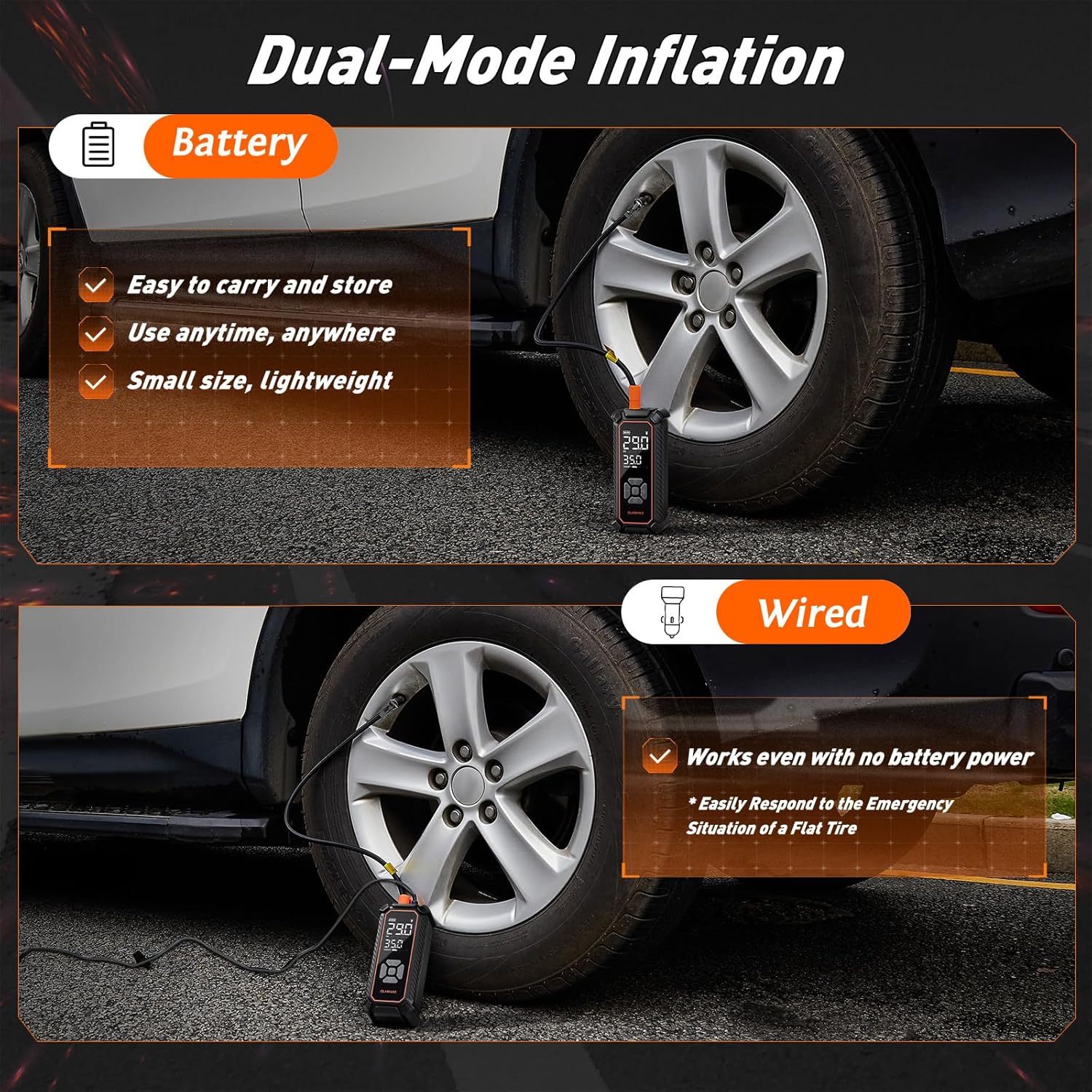OlarHike Cordless Tire Inflator Portable Air Compressor, 150PSI Dual Power, 6000mAh & 12V DC Air Pump for Car Tires, Bike, Motorcycle, Bicycle, Electric Pump with LED Light & Digital Pressure Gauge - aborderproducts