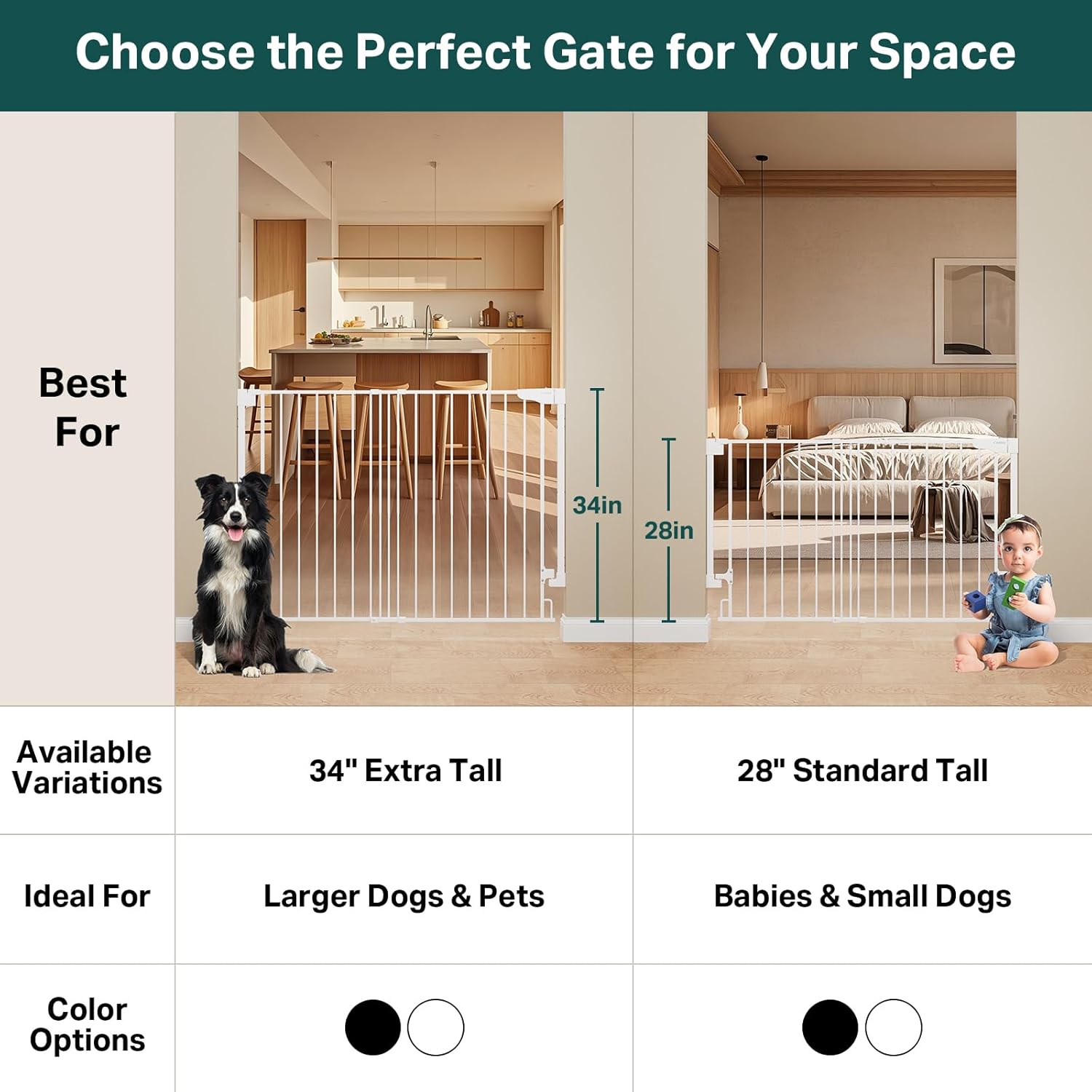 Cumbor | Safety Gate | No Bottom Bar | 34" x 31.6-48" | White