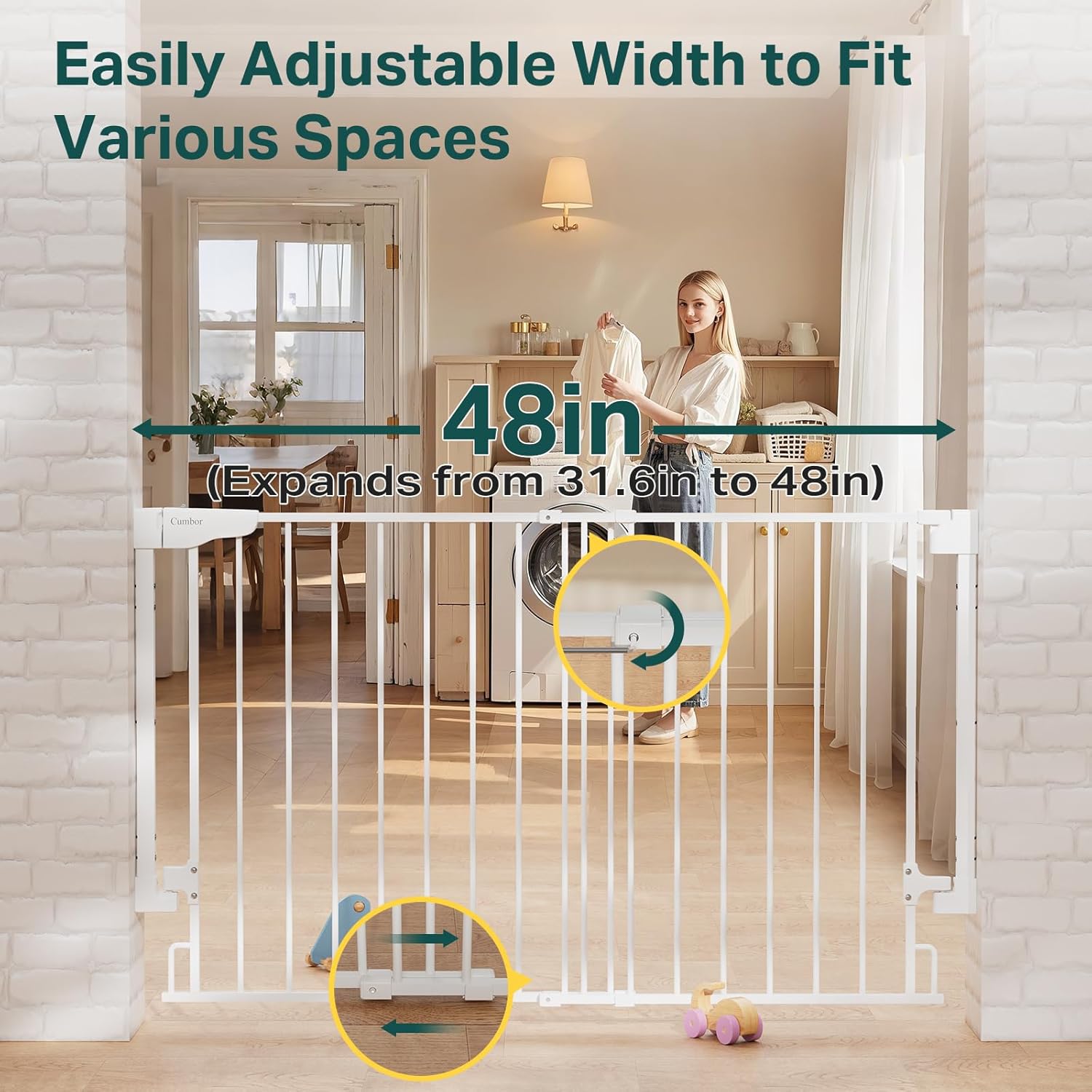 Cumbor | Safety Gate | No Bottom Bar | 28" x 31.6-48" | White - aborderproducts