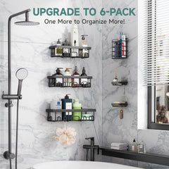 Veken | 6 Pack Stainless Steel Shower Caddy| Black | No Drilling &amp; Rustproof, Waterproof Adhesive Shelves Rack with Soap Holder, Large Capacity Bathroom Organizers and Storage, Wall-Mounted Kitchen Decor - aborderproducts