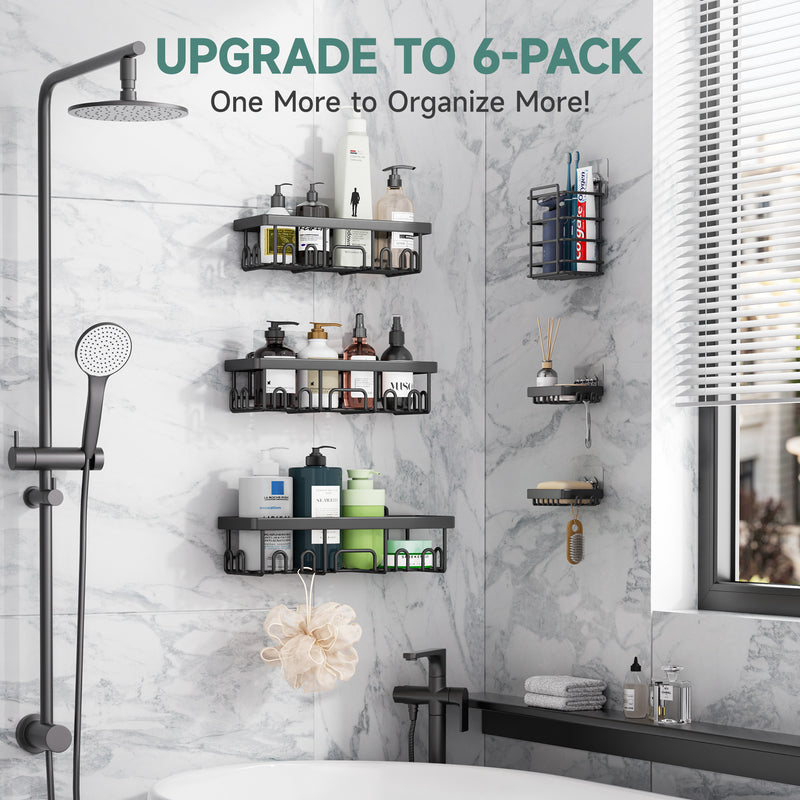 Veken | 6 Pack Stainless Steel Shower Caddy| Black | No Drilling &amp; Rustproof, Waterproof Adhesive Shelves Rack with Soap Holder, Large Capacity Bathroom Organizers and Storage, Wall-Mounted Kitchen Decor-zoom-