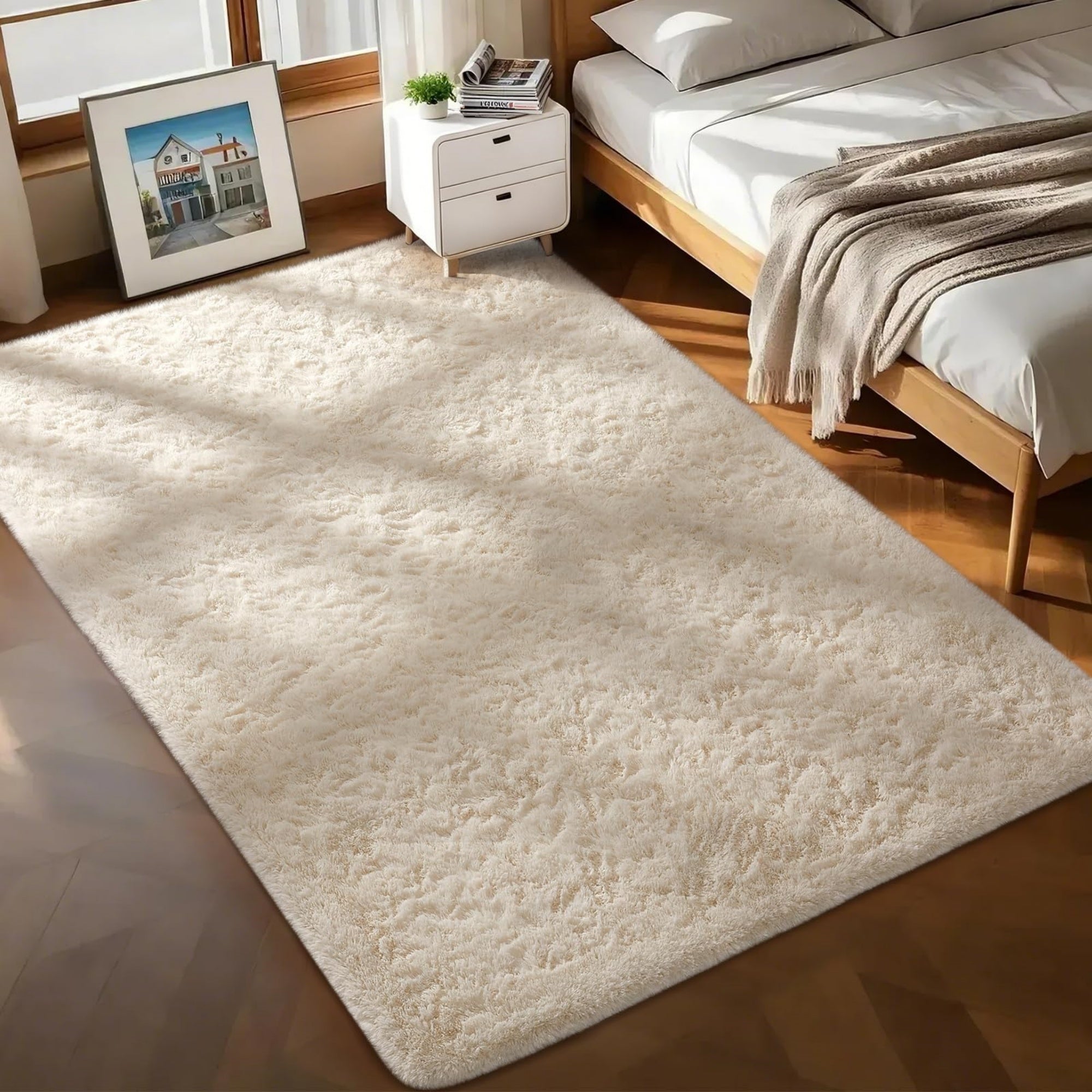 Ophanie 5x8 Area Rug Non Slip Plush Shag Bedroom Living Room Carpet Ivory Soft Fluffy Floor Rug