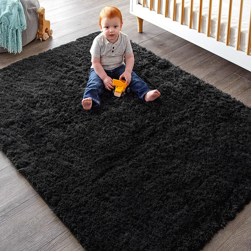 Ophanie 4x6 Area Rug Non Slip Plush Shag Bedroom Living Room Carpet Black Soft Fluffy Floor Rug-zoom-