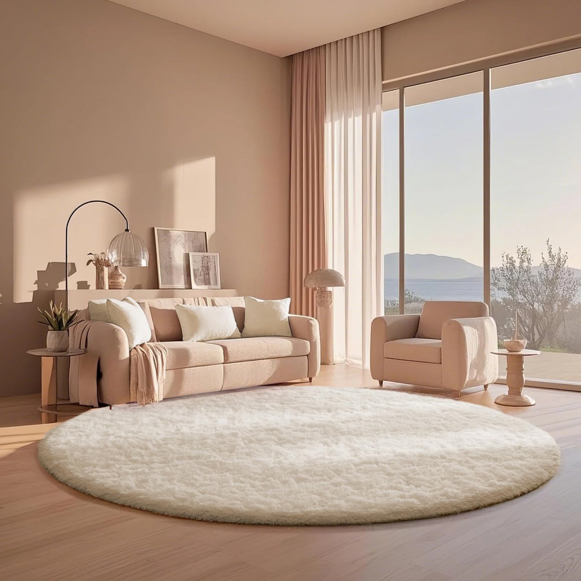 Ophanie 6ft Round Area Rug Plush Shag Circular Bedroom Nursery Rug Ivory Soft Fluffy Carpet