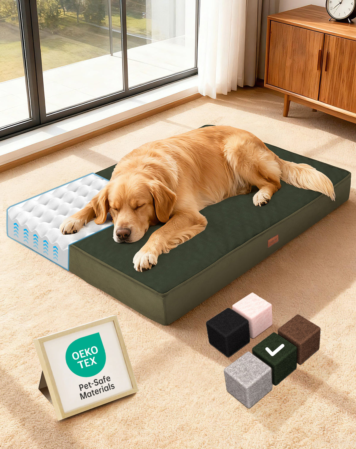 OhGeni Orthopedic Waterproof Bed for Dogs & Cats - Machine Washable Pet Bed with 25D Egg Crate Foam, Non-Slip Bottom & Removable Cover, Green, 41 inch - aborderproducts