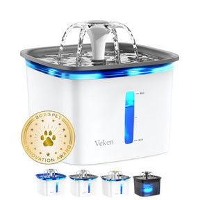 Veken Innovation Award Winner 95oz/2.8L Pet Fountain, Automatic Cat Water Fountain Dog Water Dispenser with Replacement Filters for Cats, Dogs, Multiple Pets (Grey, Plastic) - aborderproducts