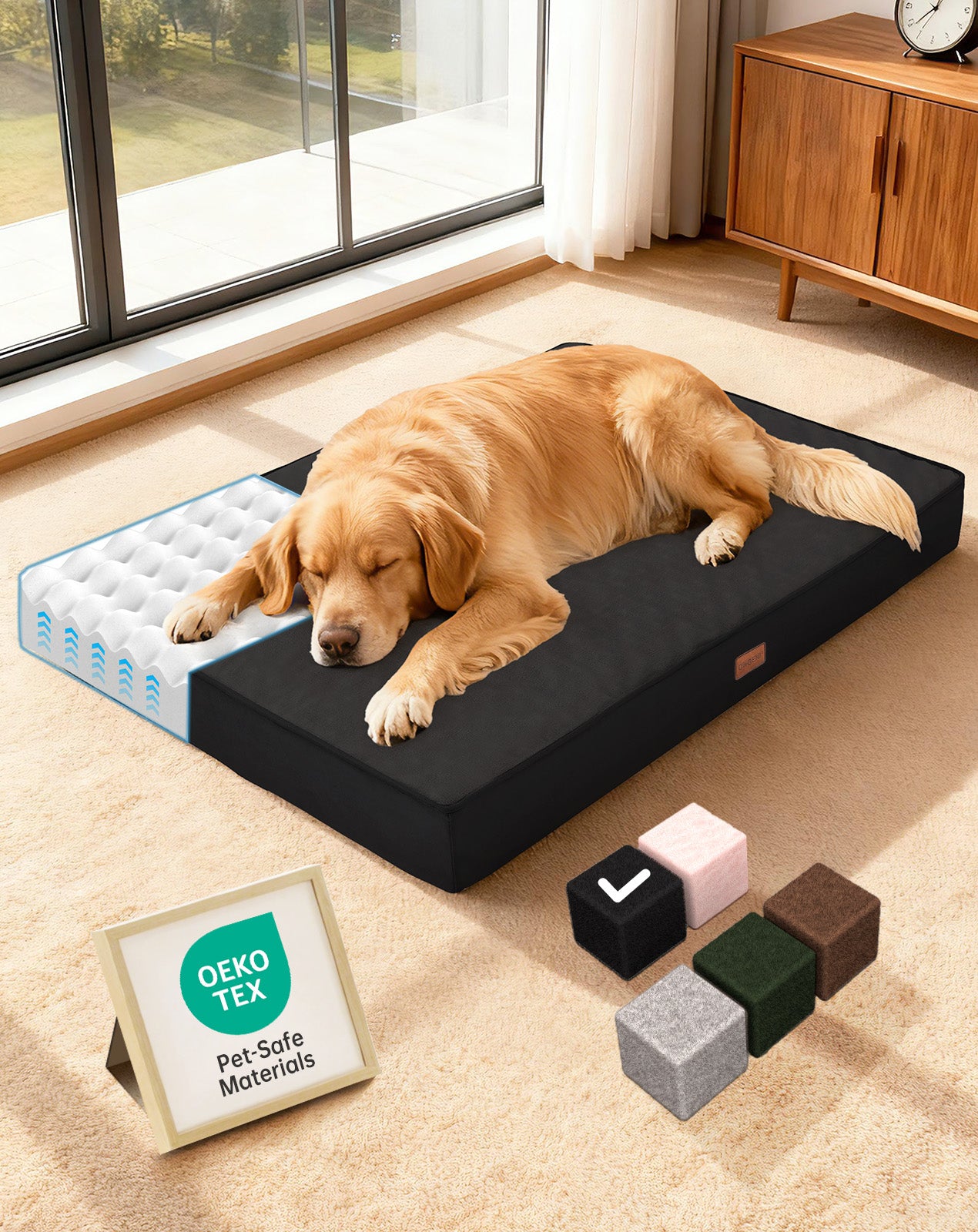 OhGeni Orthopedic Waterproof Bed for Dogs & Cats - Machine Washable Pet Bed with 25D Egg Crate Foam, Non-Slip Bottom & Removable Cover, Black, 41 inch - aborderproducts