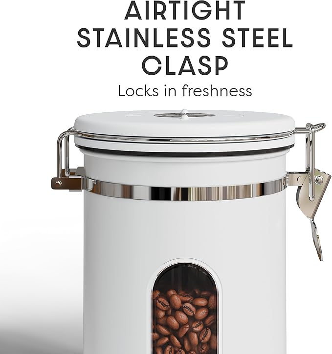 Veken Coffee Canister with Window, Airtight Stainless Steel Kitchen Food Storage Container with Lids, Date Tracker and Scoop for Grounds Coffee, Beans, Tea, Flour, Cereal, Sugar Jars, 22OZ, White