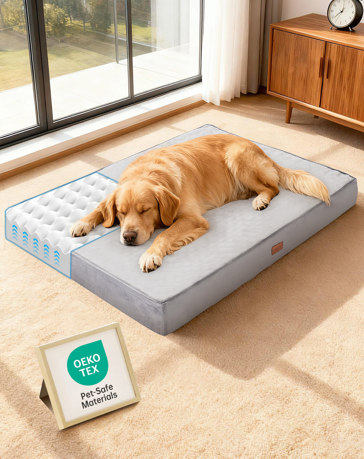 OhGeni Orthopedic Waterproof Bed for Dogs & Cats - Machine Washable Pet Bed with 25D Egg Crate Foam, Non-Slip Bottom & Removable Cover, Gray, 44 inch - aborderproducts