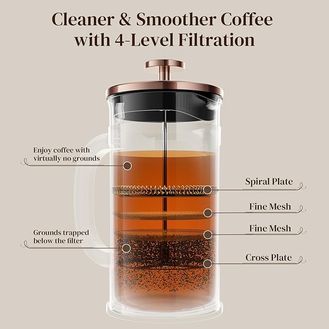 Veken French Press Coffee Maker 21oz 0.6 L, Heat Resistant Thickened Borosilicate Glass,Stainless Steel Brewer,Single Serve Small Pot, Cold Brew Cafetera Teapot for Kitchen Travel Camping, Copper - aborderproducts