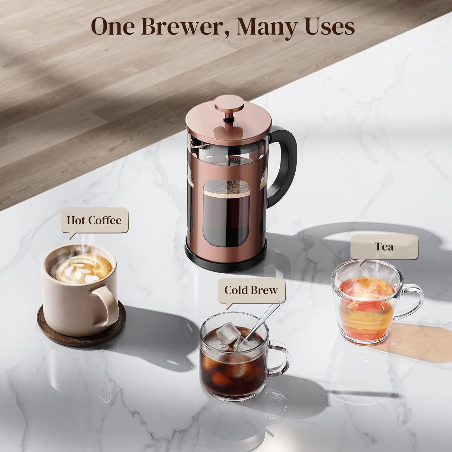 Veken French Press Coffee Maker 21oz 0.6 L, Heat Resistant Thickened Borosilicate Glass,Stainless Steel Brewer,Single Serve Small Pot, Cold Brew Cafetera Teapot for Kitchen Travel Camping, Copper - aborderproducts