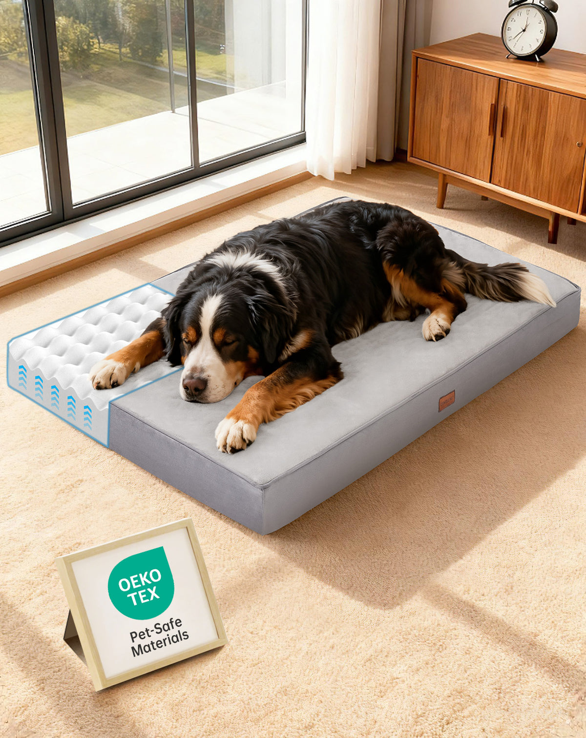 OhGeni Orthopedic Waterproof Bed for Dogs & Cats - Machine Washable Pet Bed with 25D Egg Crate Foam, Non-Slip Bottom & Removable Cover, Gray, 47 inch - aborderproducts