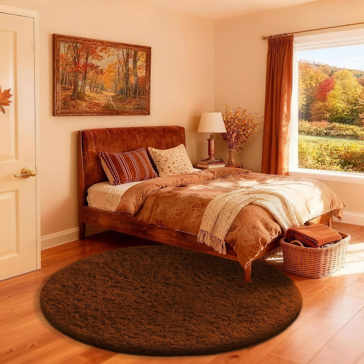 Ophanie Round Rug 4Ft Brown Circle Area Rug, Fluffy Fuzzy Small Bedroom Carpet, Plush Soft Shaggy Floor Living Room Circular Christmas Decor for Kids Boys Girls Home Aesthetic, Nursery, Classroom