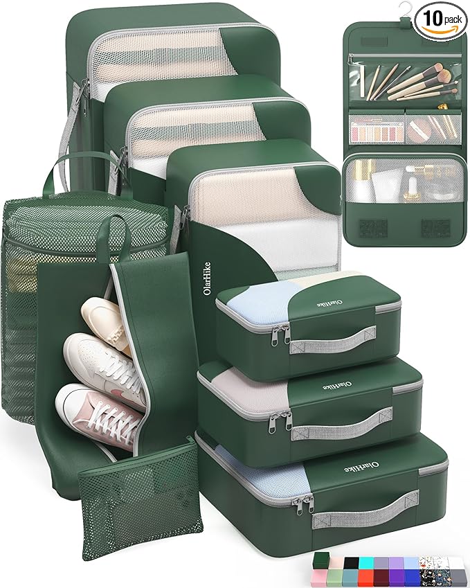 ALL INCLUDED 10 Set Durable Packing Cubes for Suitcases,OlarHike Essentials for Travel,UPGRADED Anti-Tear Stitching, NEW Improved Luggage Packing Organizers for Travel Accessories, Dark Green