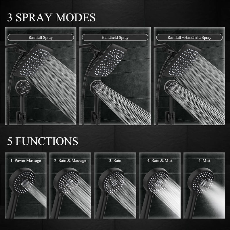 Veken | Shower Head | 9 Inch | Combo | Wide Square | Black-zoom-