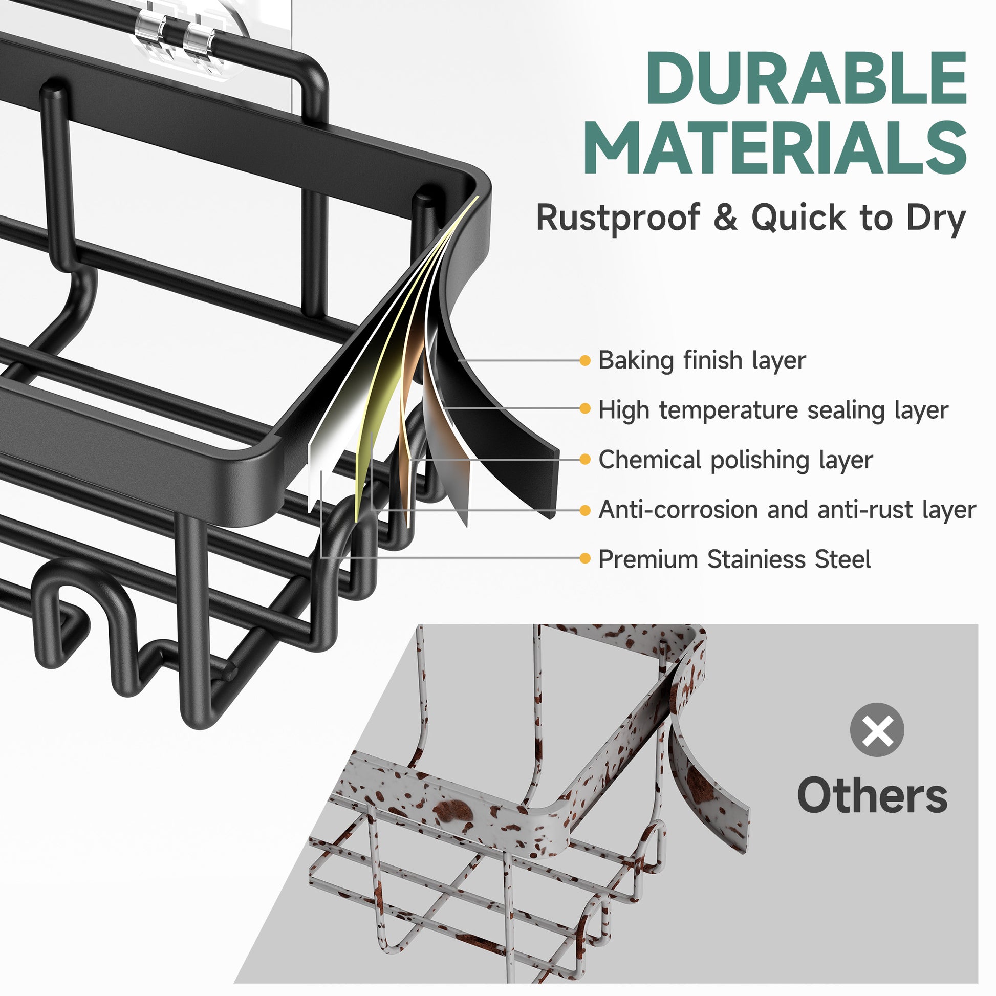 Veken | 6 Pack Stainless Steel Shower Caddy| Black | No Drilling &amp; Rustproof, Waterproof Adhesive Shelves Rack with Soap Holder, Large Capacity Bathroom Organizers and Storage, Wall-Mounted Kitchen Decor - aborderproducts