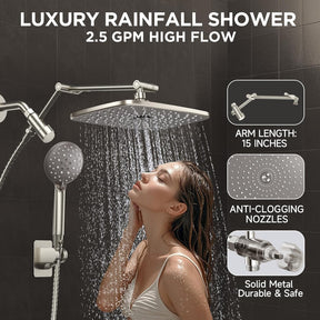 Veken | Wide Rain Shower Head Combo | 2.5 GPM | Brushed Nickel
