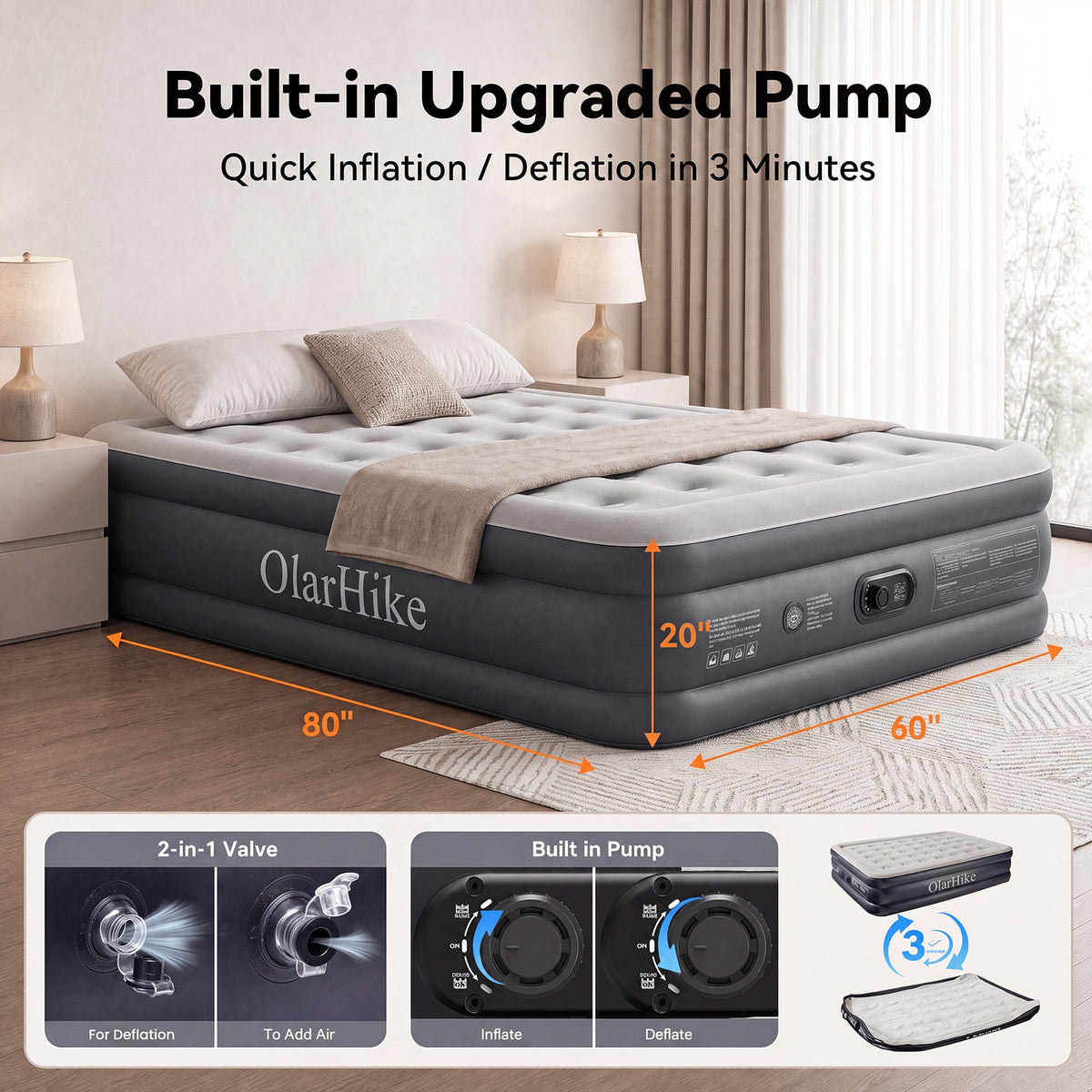 OlarHike Air Mattress Queen Built-in Pump, 20" H Inflatable Mattress,700LBS-2