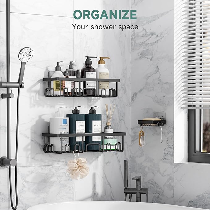Veken Rustproof & Waterproof Shower Caddy 3-Pack, No Drilling Adhesive Shelves Rack with Soap Holder, Large Capacity Bathroom Organizers and Storage, Wall-Mounted Kitchen & Home Decor, Black - aborderproducts