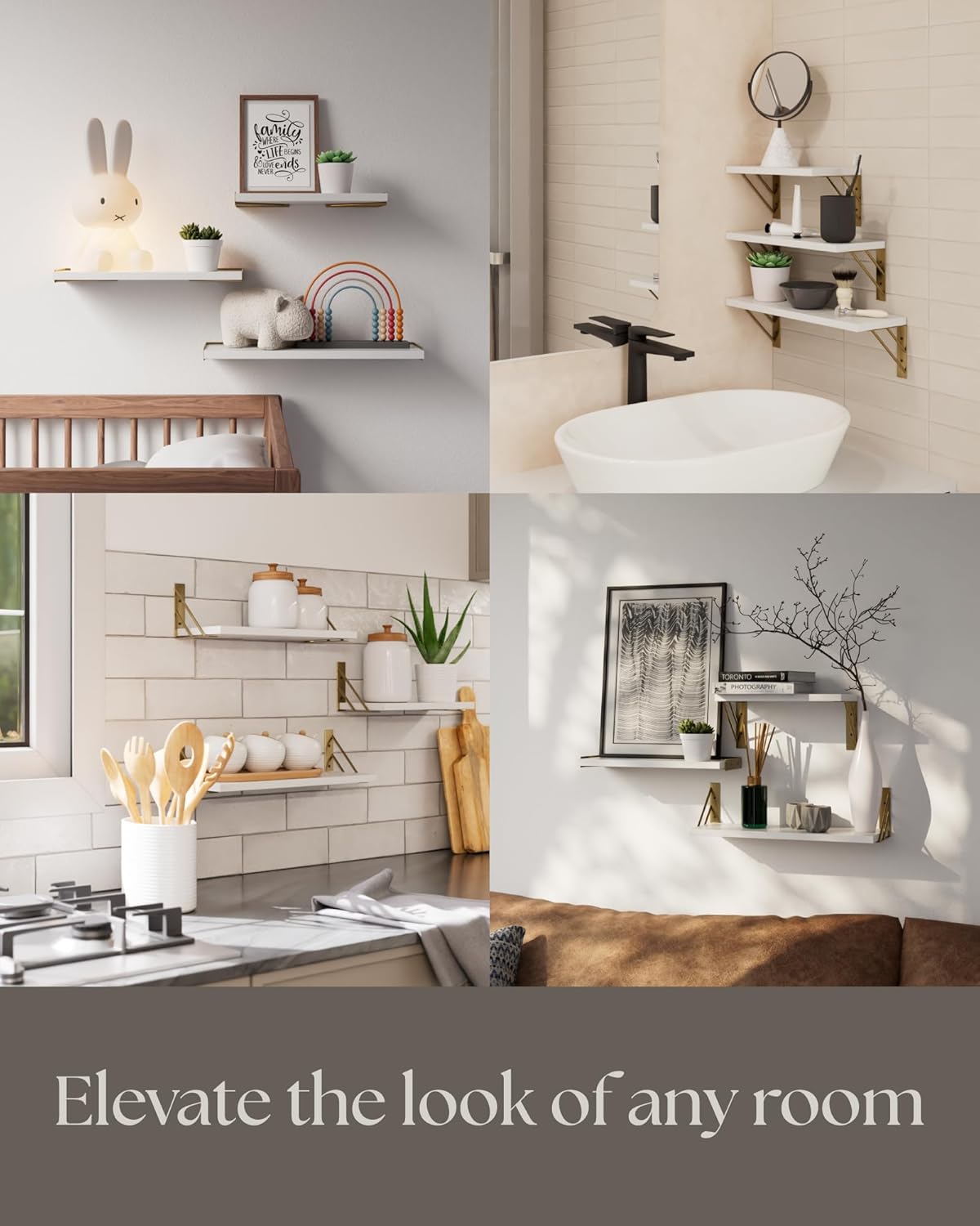 BAYKA | Floating Shelves | Set of 3 | White and Gold - aborderproducts