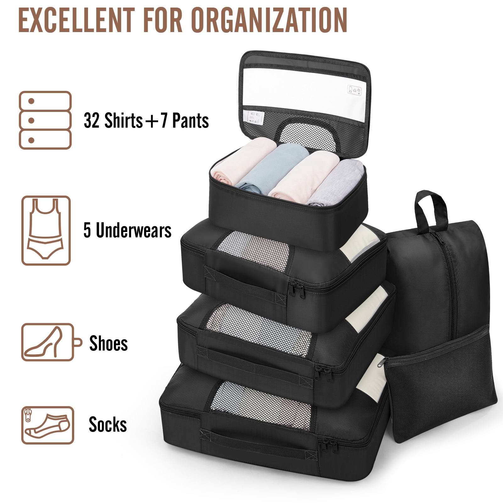 Veken 10 Set/8 Set Packing Cubes for Travel Essentials,Anti-Wrinkle Buckled Suitcase Organizer for Shoe & Toiletry Bag,Carry On Luggage Bag for Airplane & College Dorm Room Accessories,Women Men Gifts-zoom-46