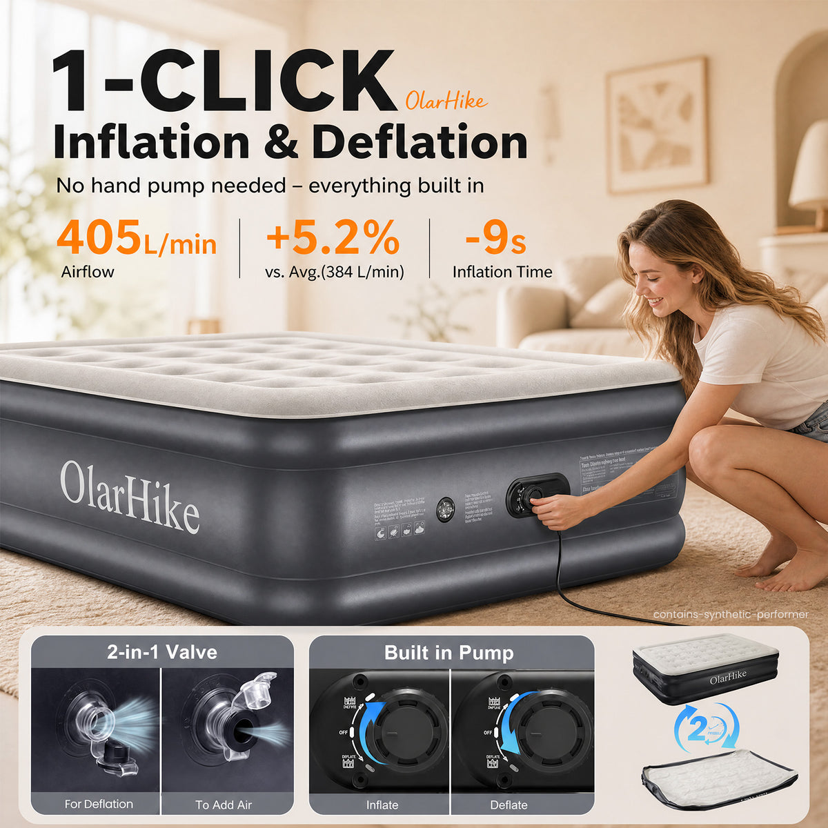 OlarHike Full Air Mattress Built-in Pump，20" Air Bed for Home,600LBS-5