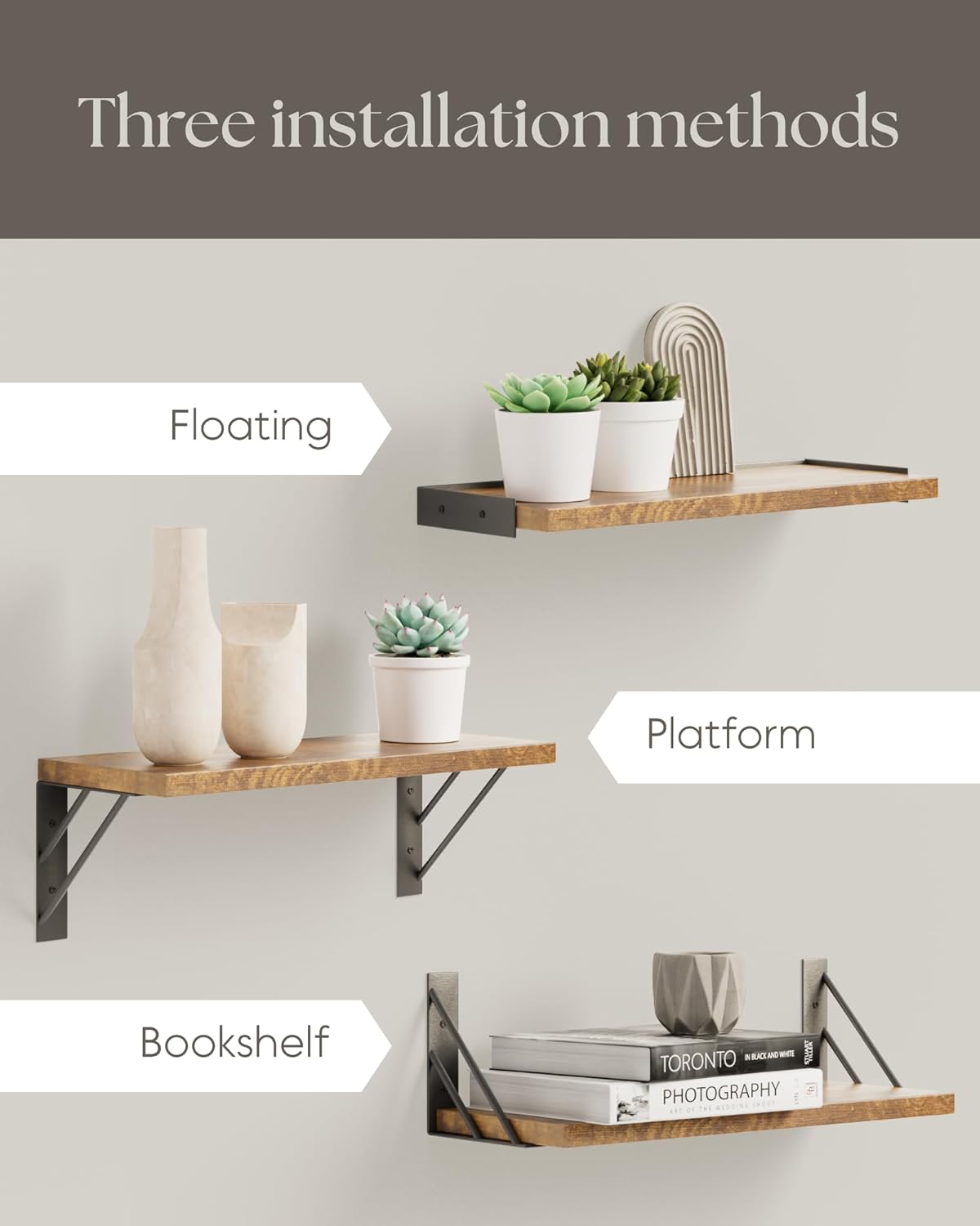 BAYKA | Floating Shelves | Set of 3 | Rustic Brown