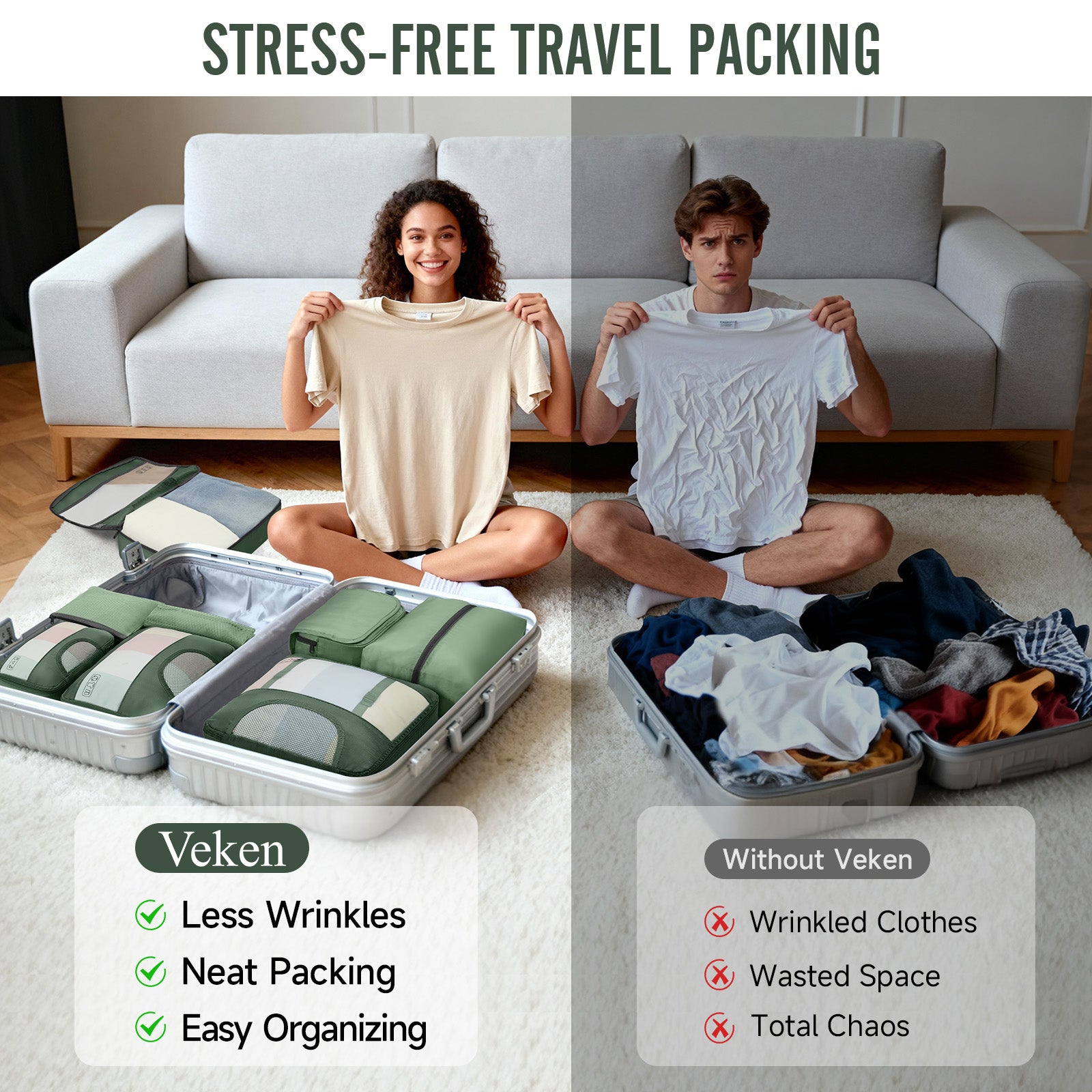 Veken 8 Set Packing Cubes for Travel Essentials, Suitcase Organizer Bags in 4 Sizes, Carry-On Luggage Accessories with Large Laundry & Hanging Toiletry Bag, Must-Have for Airplane, Road Trip & Camping-zoom-5