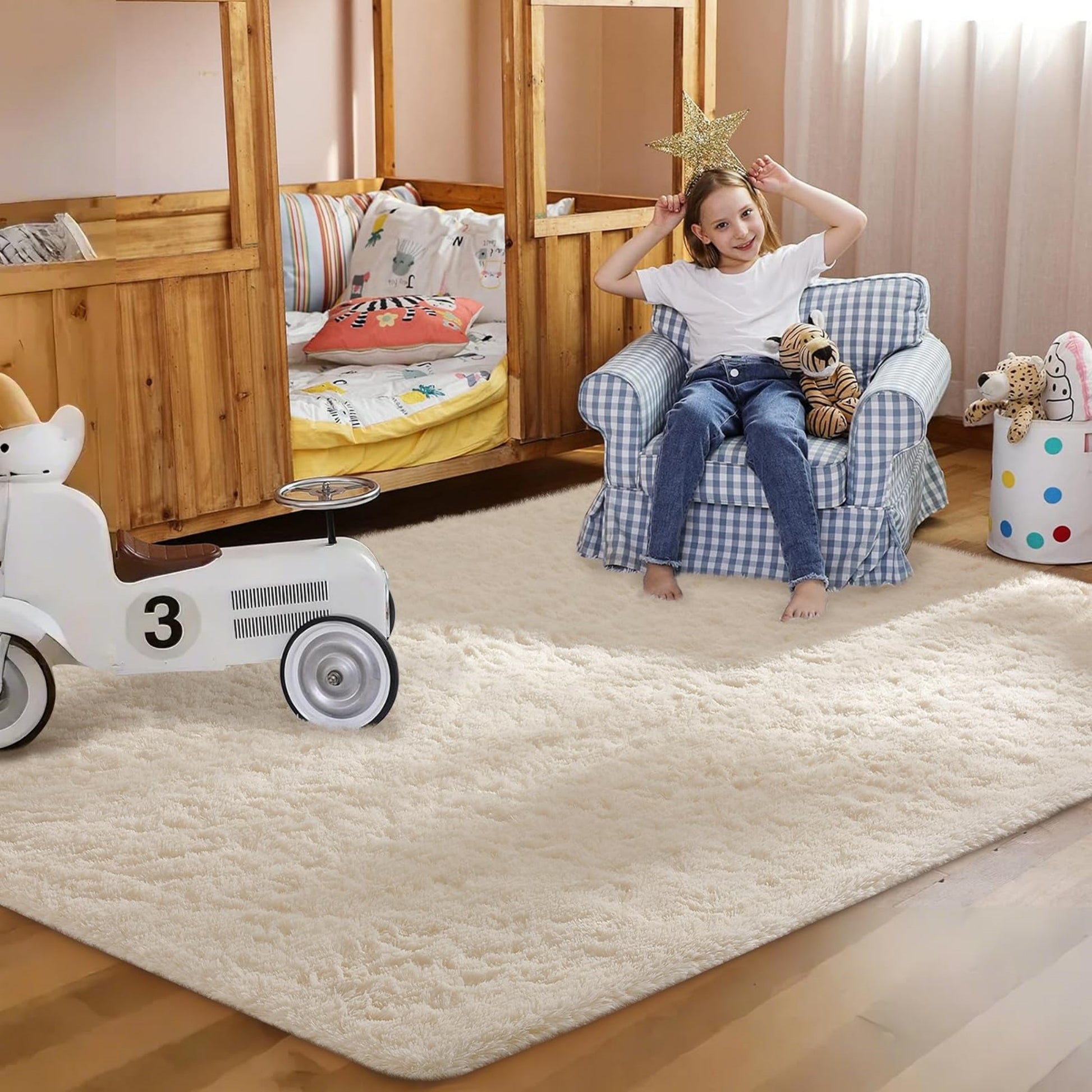 Ophanie 5x8 Area Rug Non Slip Plush Shag Bedroom Living Room Carpet Ivory Soft Fluffy Floor Rug-6