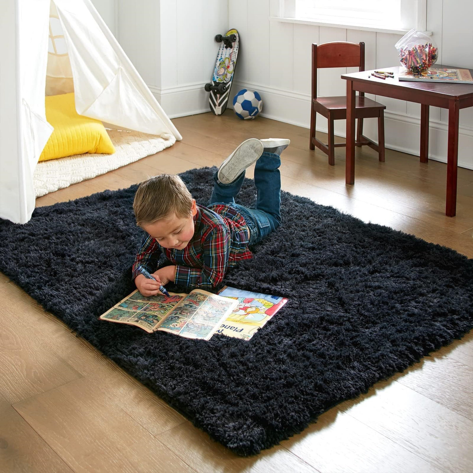 Ophanie 4x6 Area Rug Non Slip Plush Shag Bedroom Living Room Carpet Black Soft Fluffy Floor Rug-zoom-3