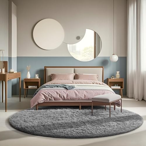 Ophanie Round Rugs 6Ft Grey Circle Area Rug, Fluffy Fuzzy Bedroom Carpet, Plush Soft Shaggy Indoor Floor Gray Living Room Rugs for Kids Home Decor Aesthetic, Nursery