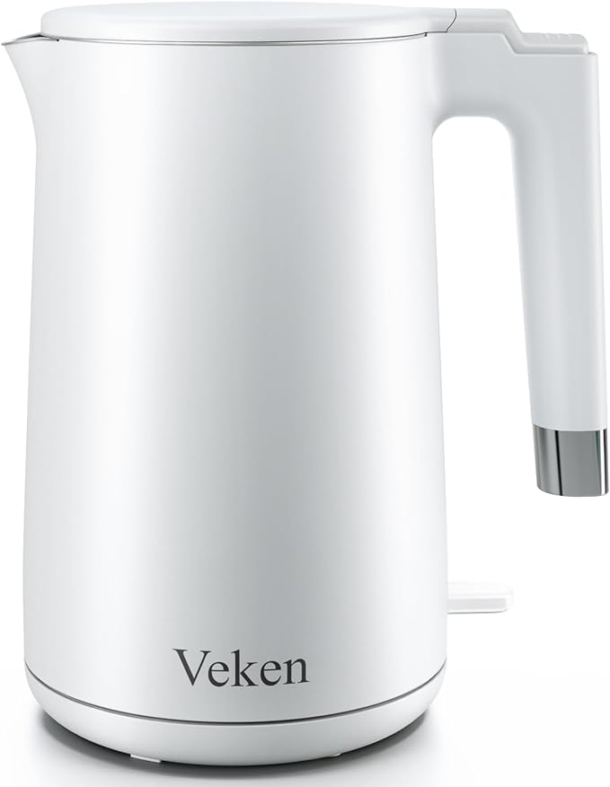 Veken Electric Tea Kettle, 1.5 Liter Speed-Boil Hot Water Boiler, 304 Stainless Steel Interior Water Warmer Heater,BPA Free Teapot with Double Wall Insulated, Auto Shut Off for Coffee & Tea (White) - aborderproducts