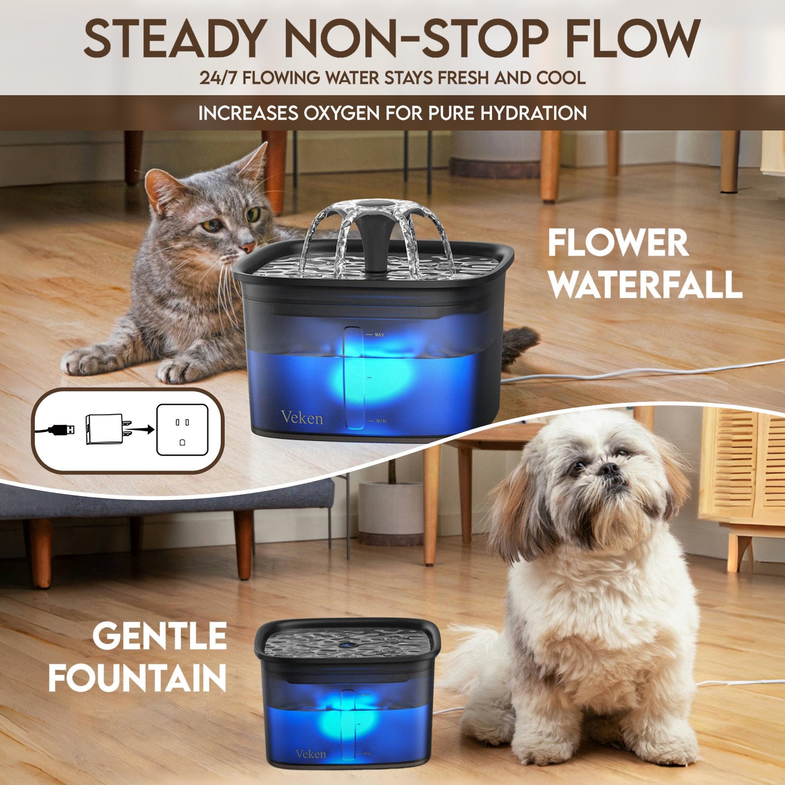 Veken Innovation Award Winner 95oz/2.8L Pet Fountain, Automatic Cat Water Fountain Dog Water Dispenser with Replacement Filters for Cats, Dogs, Multiple Pets (Space Black, Plastic) - aborderproducts