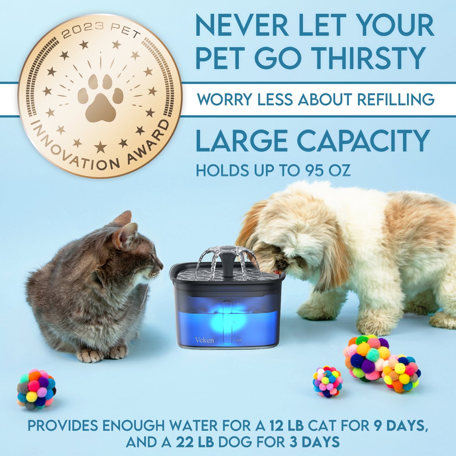 Veken Innovation Award Winner 95oz/2.8L Pet Fountain, Automatic Cat Water Fountain Dog Water Dispenser with Replacement Filters for Cats, Dogs, Multiple Pets (Space Black, Plastic) - aborderproducts