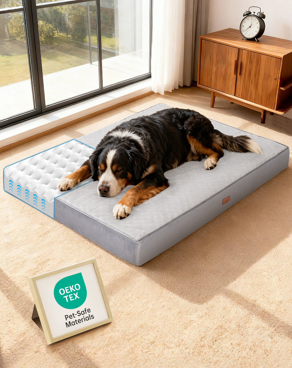 OhGeni Orthopedic Waterproof Bed for Dogs & Cats - Machine Washable Pet Bed with 25D Egg Crate Foam, Non-Slip Bottom & Removable Cover, Gray, 54 inch - aborderproducts